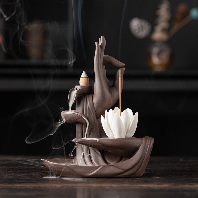 Picture of Buddha's Hand Lotus Incense Burner Sandalwood Tower Incense Purple Sand Incense Burner Crafts Creative Ornaments Indoor Backflow Incense Burner Cross-Border