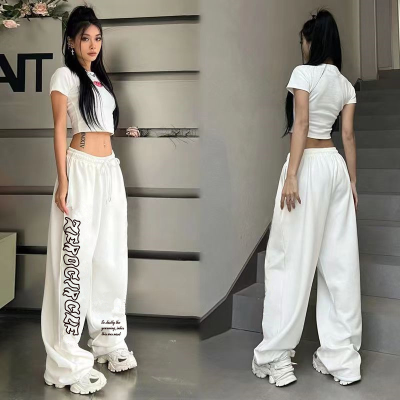 White New Drawstring Design Personalized Printed Casual Dance Sweatpants Women's Versatile Wide Leg Pants Women's Trendy