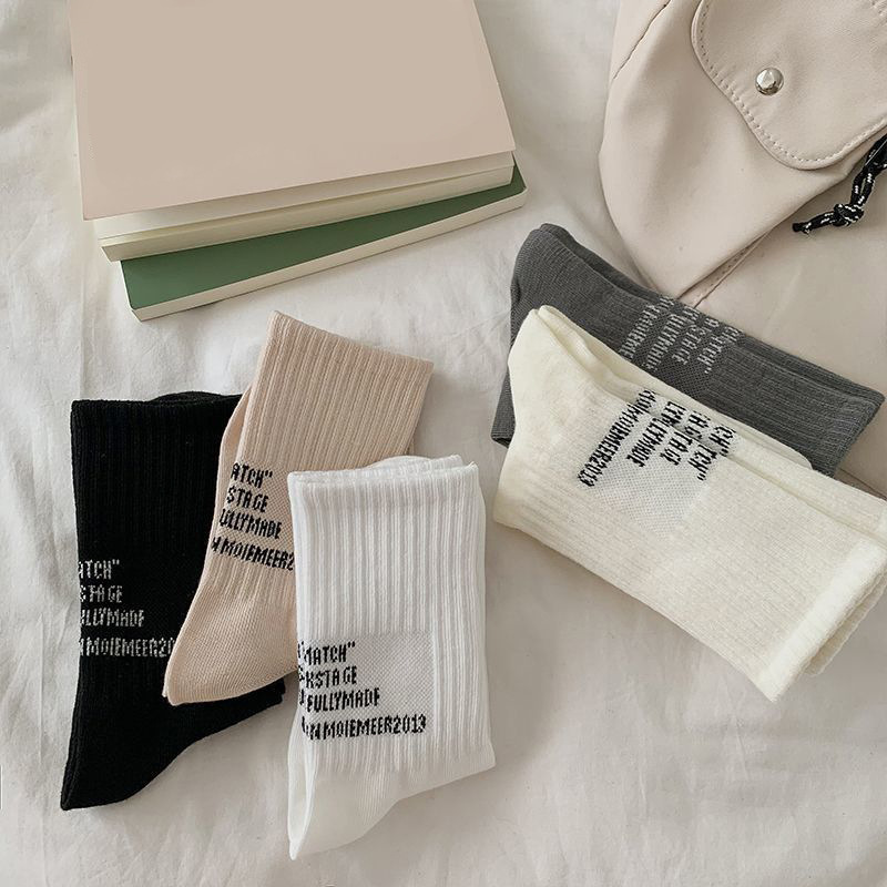 Picture of Socks Women's Autumn and Winter Mid-length Stockings All-match Simple Vertical Stripe Letter Stacked Stockings Fashionable Couple Sports Stockings