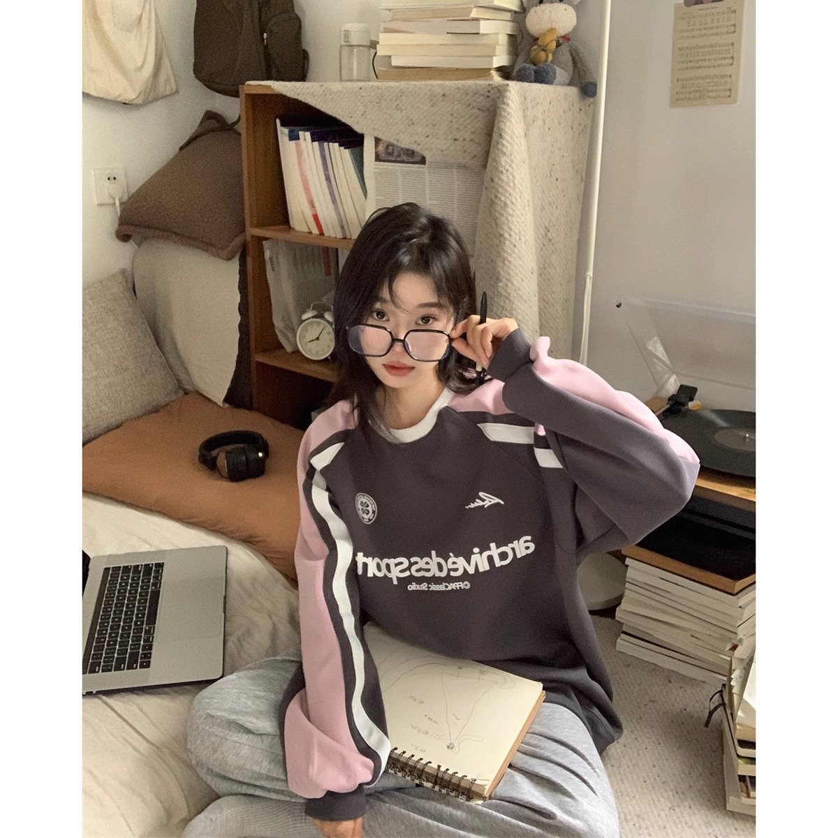 American pullover sweater women's autumn and winter Korean style loose casual letter print half turtleneck cotton coat fashionable top