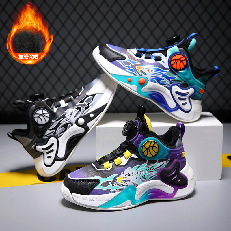 Children's Basketball Shoes 2024 Autumn and Winter fleece-lined Boys sneaker Non-slip Middle and Big Boys Running Shoes Swivel Buckle