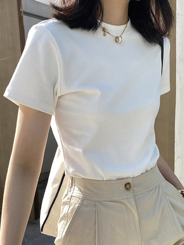 American Short-sleeved White Cotton T-shirt Women's Summer Slim-fit Spice Girl's Short Tight Shoulder Top with Niche Design