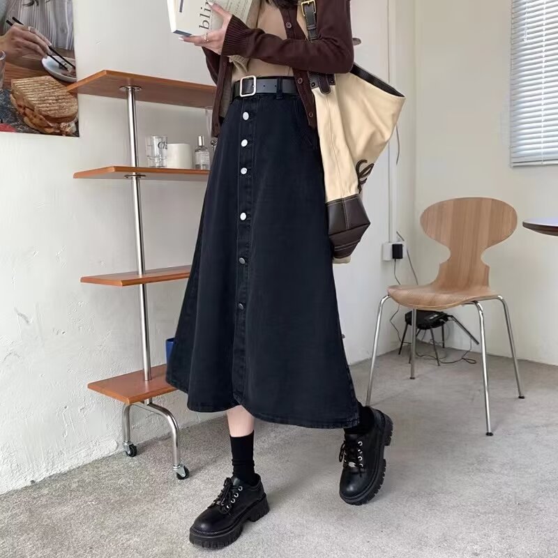 Women's Hip-Covering Denim Skirt Summer New Fashion Slimming Flesh-Covering High Waist Breasted A- Shape Mid-Length Skirt Ins Trendy