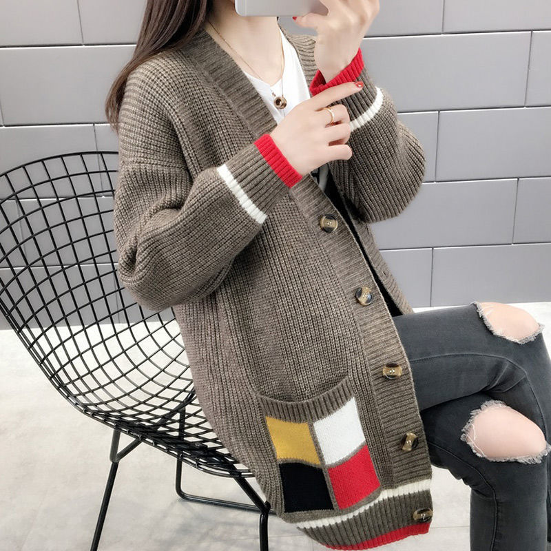 Picture of New Thickened Contrast Color Pocket Knitted Cardigan Women's 2024 Korean Style Autumn and Winter Loose Women's Outer Sweater Jacket Trendy