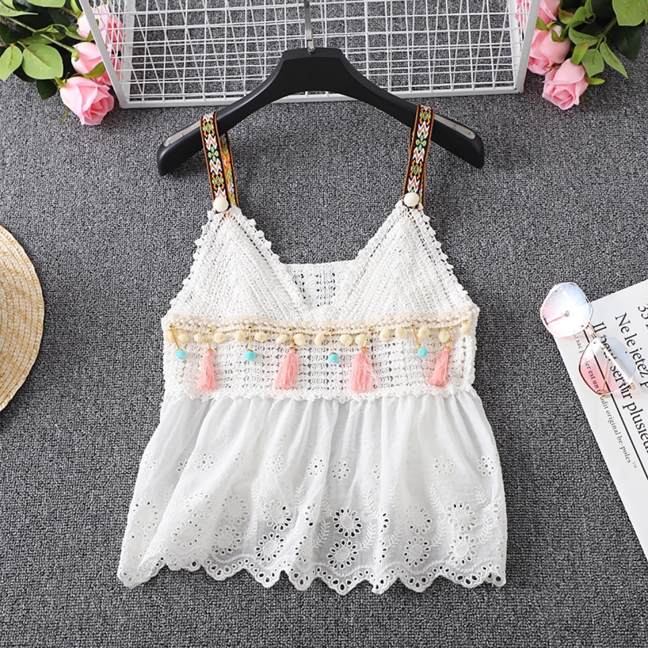 Bohemian ethnic style vintage crocheted hollow-out loose vest women's sleeveless top embroidered camisole