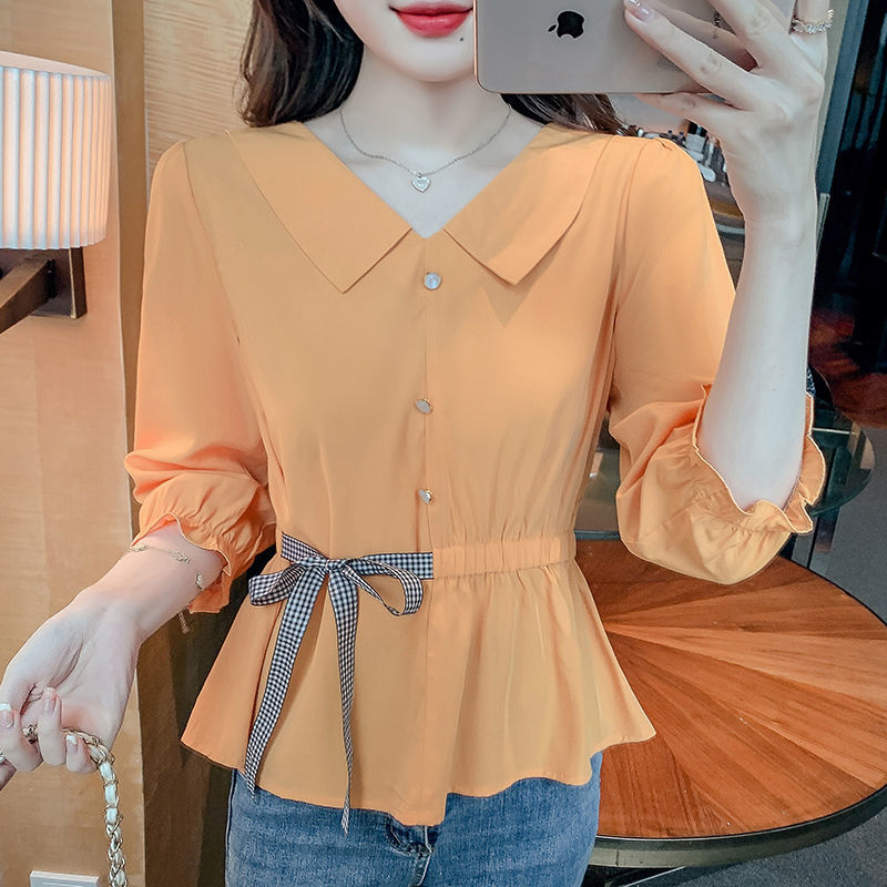 Picture of Baby Doll Collar Chiffon Women's Spring 2023 Petite Lace-Up Waist-Cinching Slimming Belly-Covering Shirt with Three-Quarter Sleeves Versatile Top