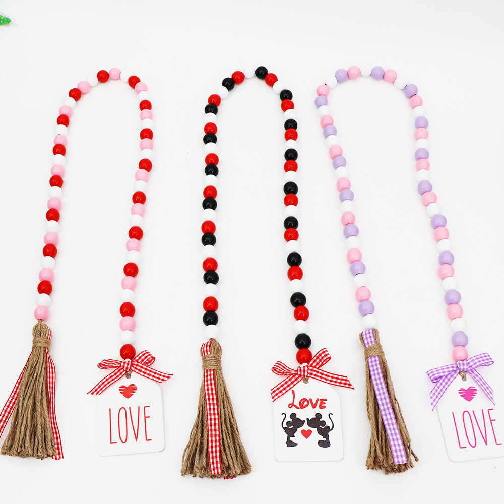 Picture of Valentine's day wooden bead hemp rope tassel beaded romantic ornament Love white wood bead string home decoration pendant