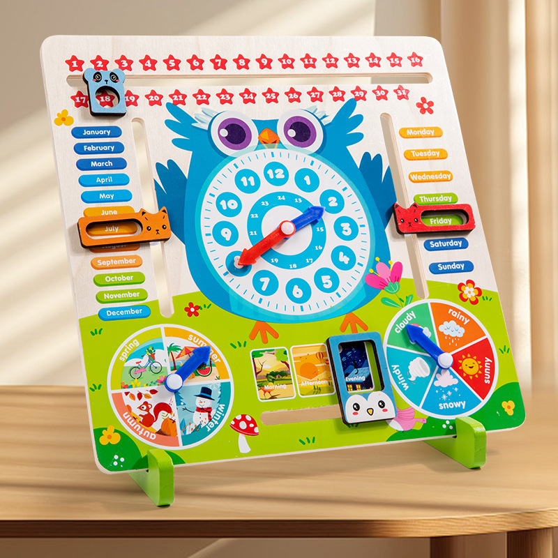 Wooden Seven-in-One Owl Calendar Clock Cognitive Board Children's Month Four Seasons Time Cognitive Early Education Educational Toys