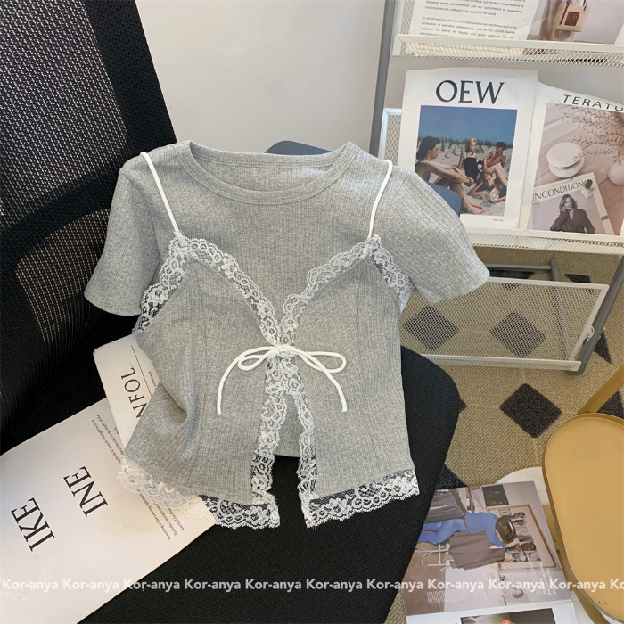 Picture of Pure Lace Stitching Lace Camisole Women's 2024 Summer New Shoulder Short-sleeved T-shirt Stacked Two-piece Set