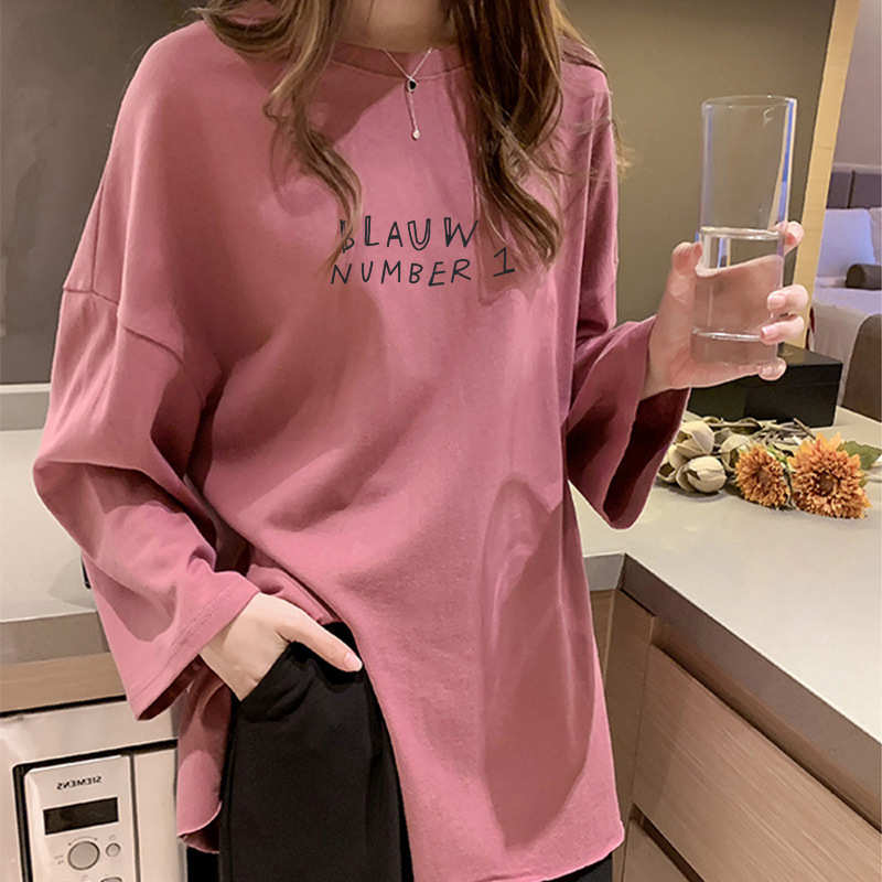 Picture of Plus Size Women's Clothing 2025 New Autumn K-Style Loose Design Slit T-Shirt Long-Sleeved Women's Top Mid-Length Export
