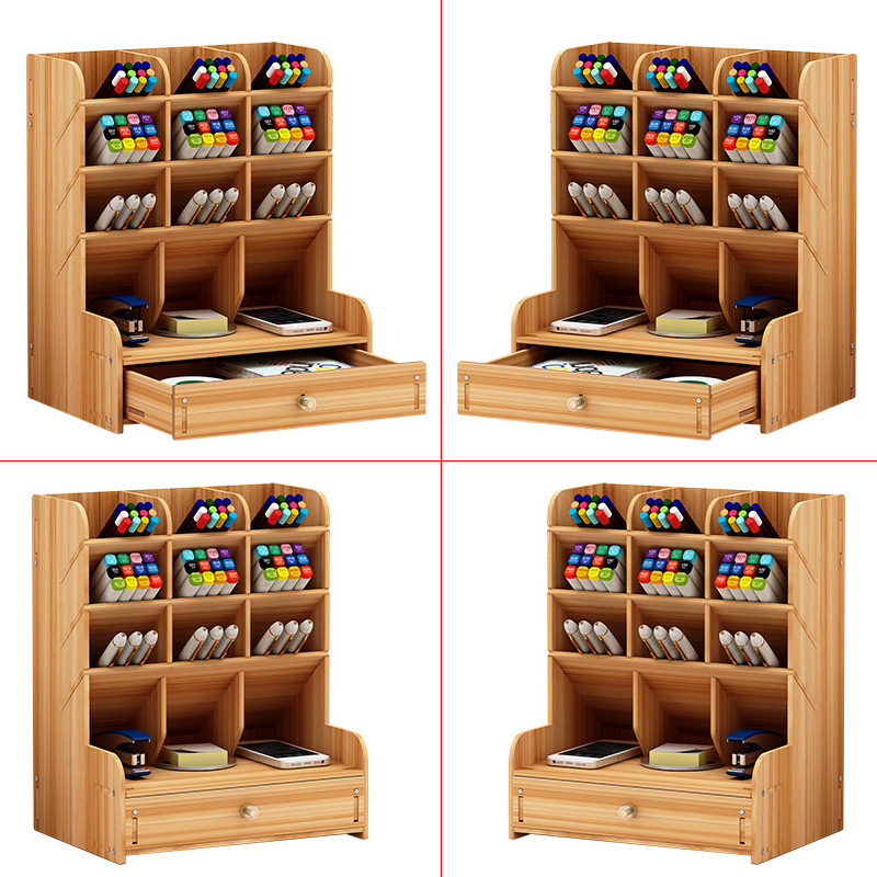 Wooden Pen Holder Storage Box Large Capacity Nordic Creative Fashion Multi-compartment Pen Holder Office Desktop Storage Rack