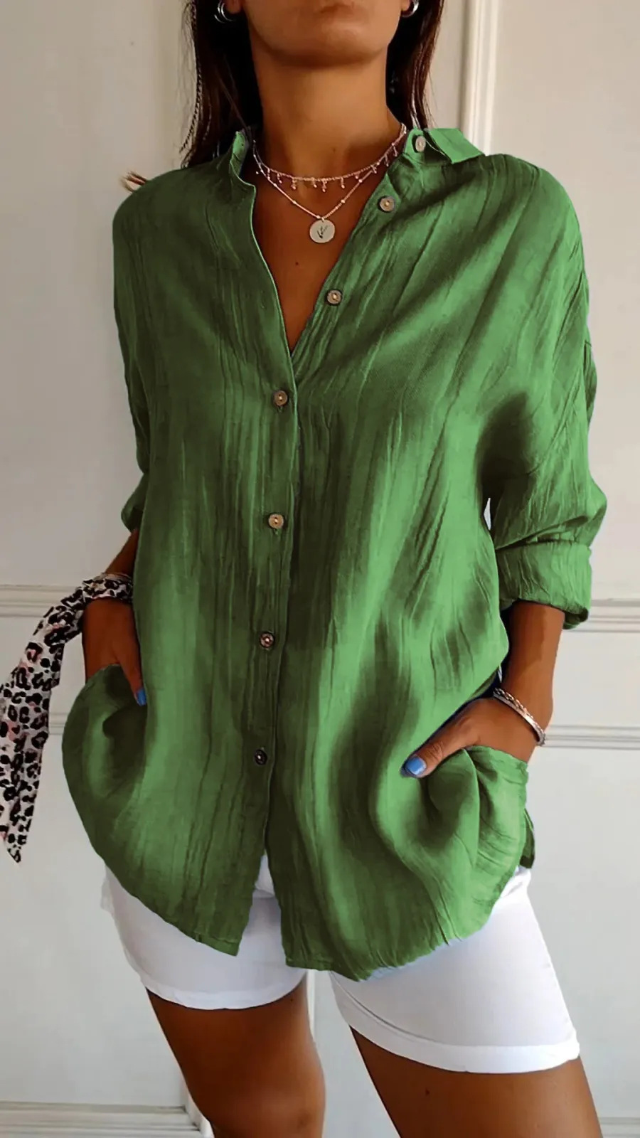 Picture of 2024 New Single-breasted Pleated Lapel Shirt Independent Station Explosions Women's Solid Color European and American Sleeve Top