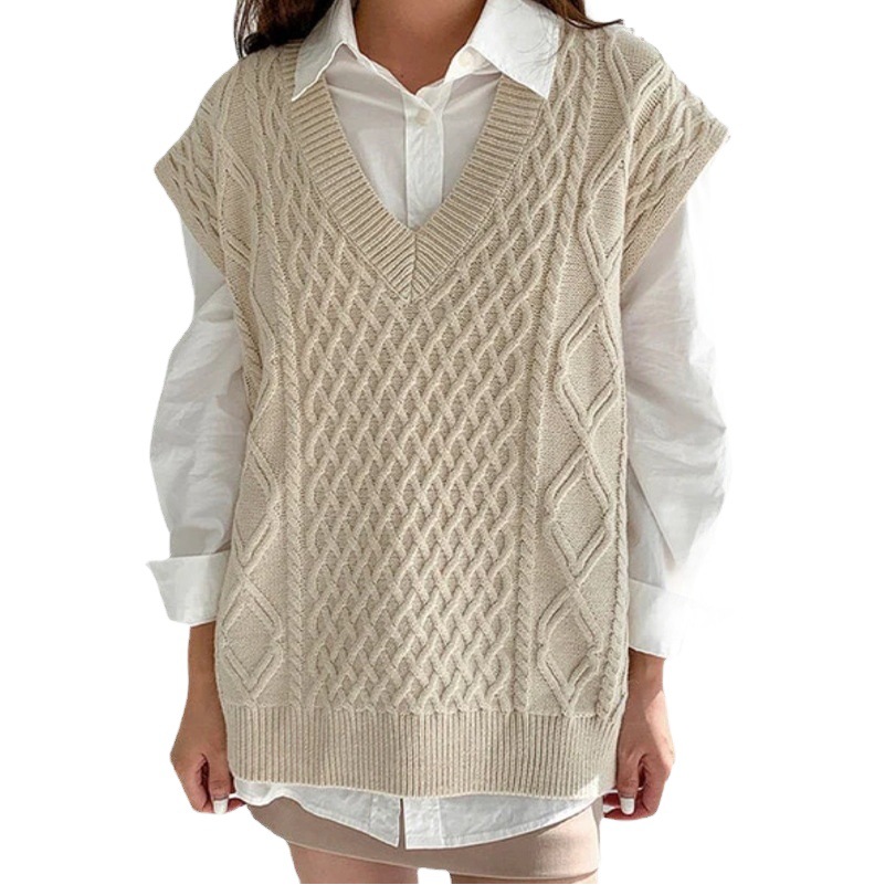 Picture of Ready-Made Sweater Customized Cross-Border Foreign Trade European and American Amazon Solid Color Cable Loose Casual Cable Knitted Vest for Women
