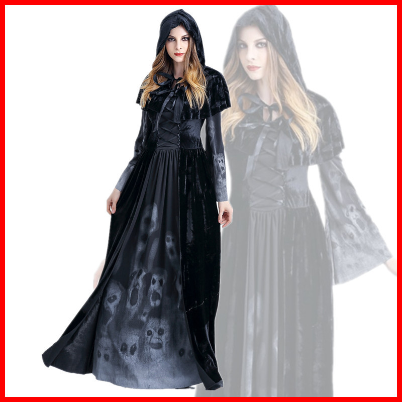 European and American Halloween COS Skull Print Witch Vampire Suit Queen Dress Hooded Dress Character Wholesale