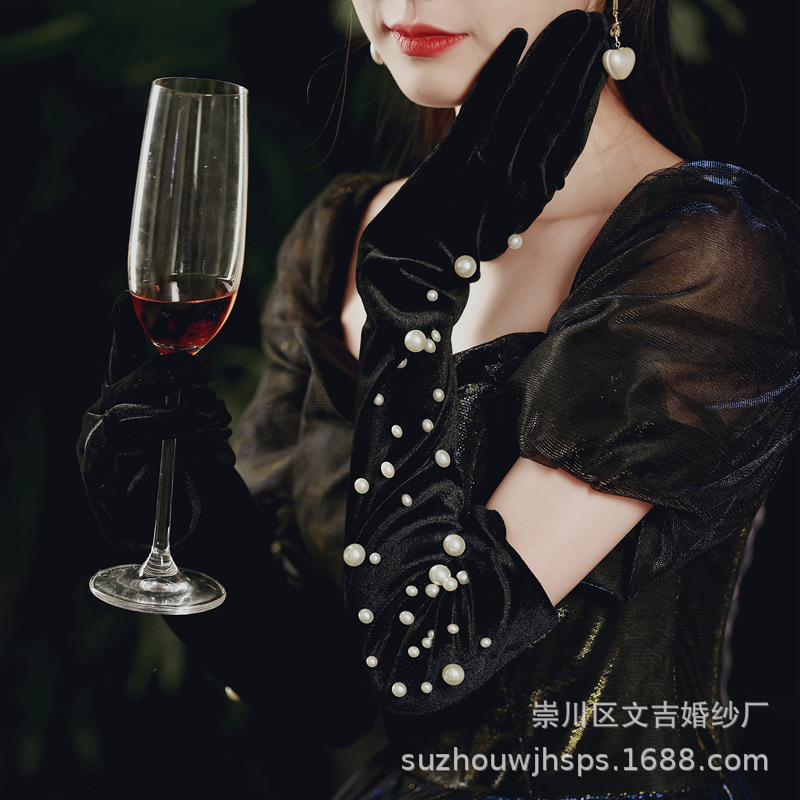 Long Velvet Glove Cloth Stud Pearl Finger Black Women's Dress Evening Banquet French Jewelry Bride Warm for Autumn and Winter