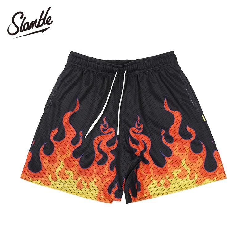 Summer New National Fashion Flame Printing Mesh Shorts Men's Loose Sports Quick-drying Breathable Quad Pants 」