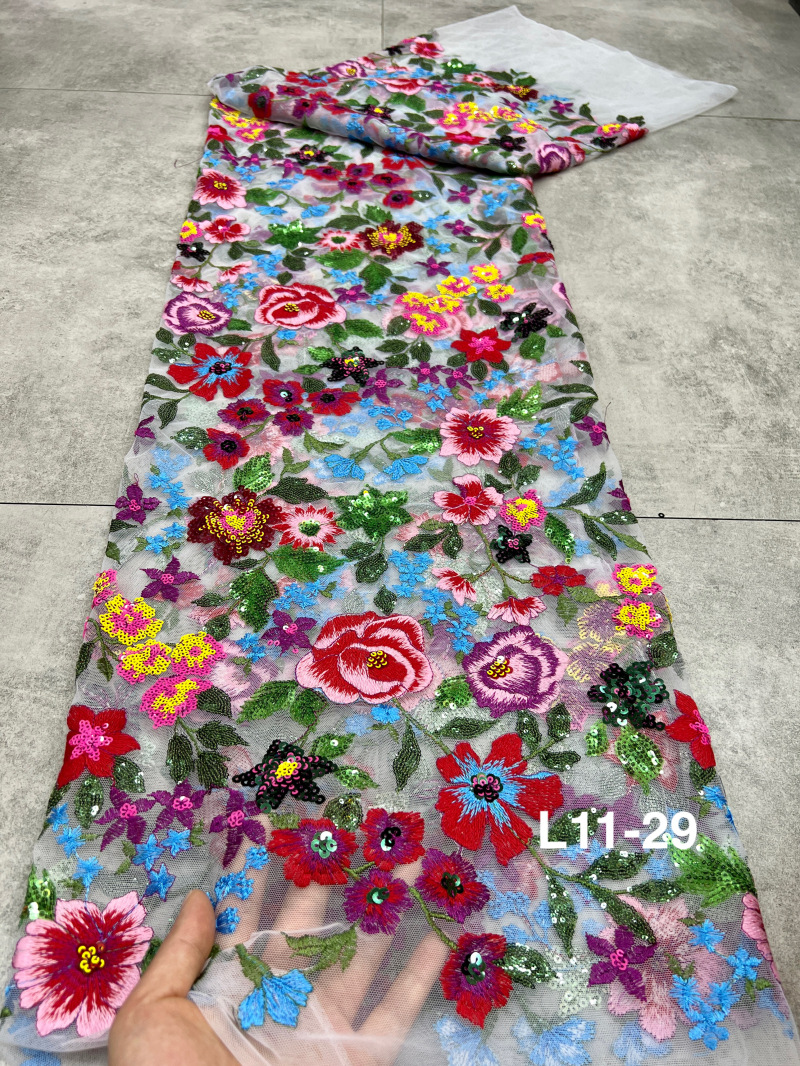 New style colorful flat embroidery + laminated sequins embroidery high fashion evening dress cheongsam fairy dress embroidered fabric
