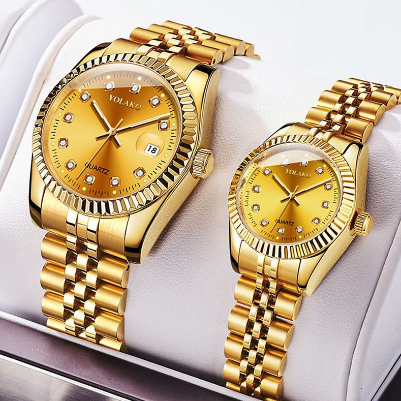 Picture of Diamond Face Steel Band Calendar Watch Women's Simple Casual Student Fashion Quartz Gold suit Men's Watch Couple