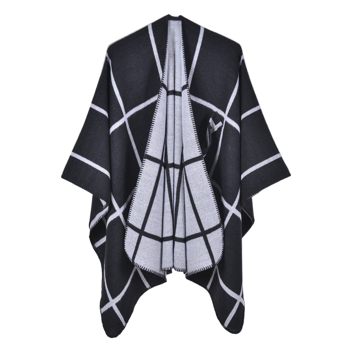New Autumn and Winter Split Warm Shawl European and American Classic Plaid Cloak Strap Outer Cardigan Amazon Explosion