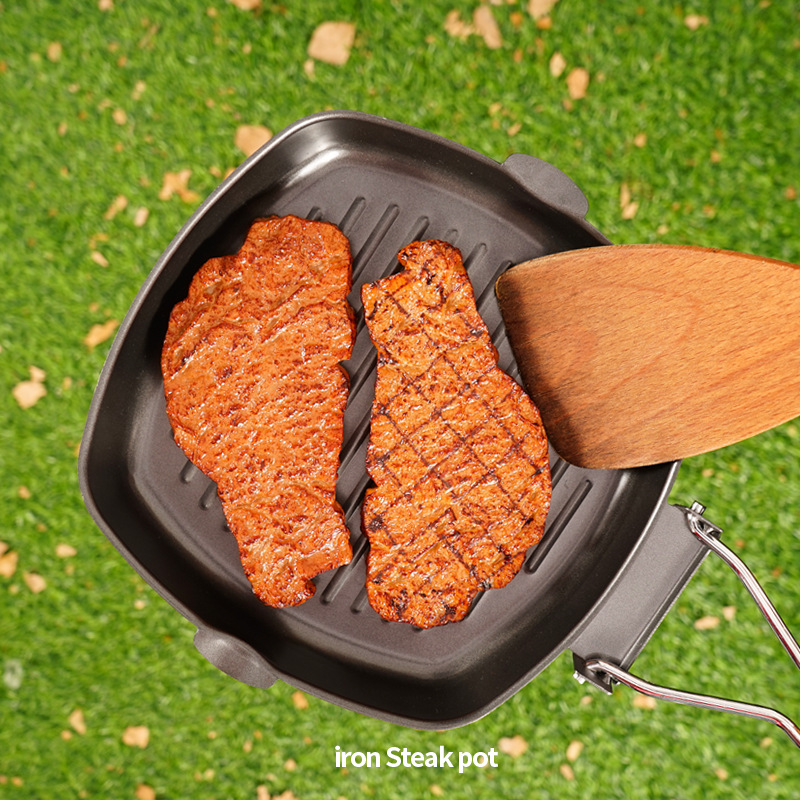Picture of Outdoor Barbecue Plate Picnic Foldableable Portable Pot Frying Pan Cast Iron Pot Baking Pan Anti-Scalding Wooden Handle Double Mouth Deep Steak Pot