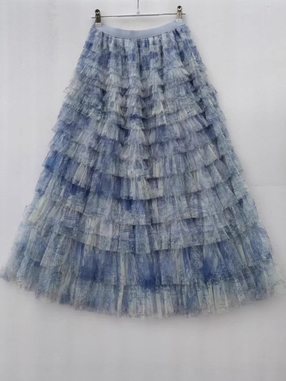 Blue Tie-Dye Mesh Cake Skirt Women's Summer New French Retro Super Fairy Mid-Length A-Line Umbrella Skirt