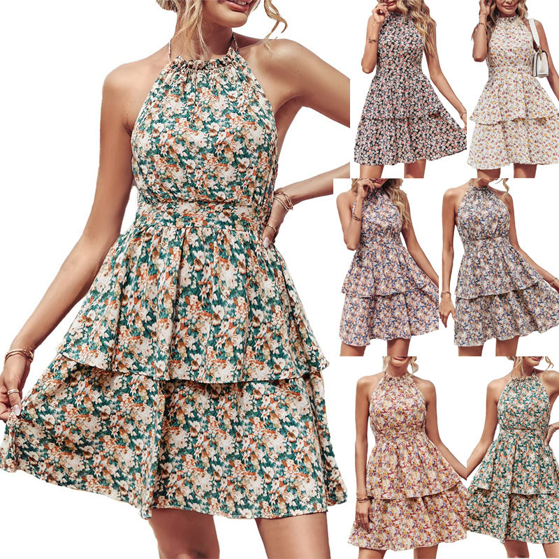 2025 Amazon European and American Summer New Hot Selling Halterneck Backless Printed Sleeveless Dress Cross-Border Women's Clothing