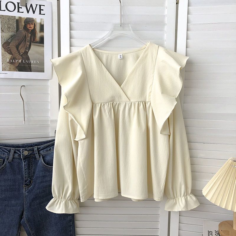 Picture of Autumn 2022 Korean-style Retro All-match Loose V-neck Ruffled Long Sleeve Outer Wear Solid Color Doll Shirt Top