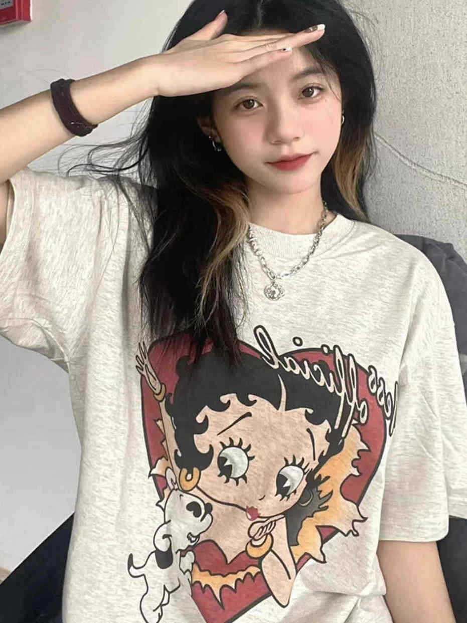 chubby girl American Style Retro Oat Color Short-sleeved T-shirt Women's Summer Loose All-match Chic Hong Kong Style plus size Top for Students