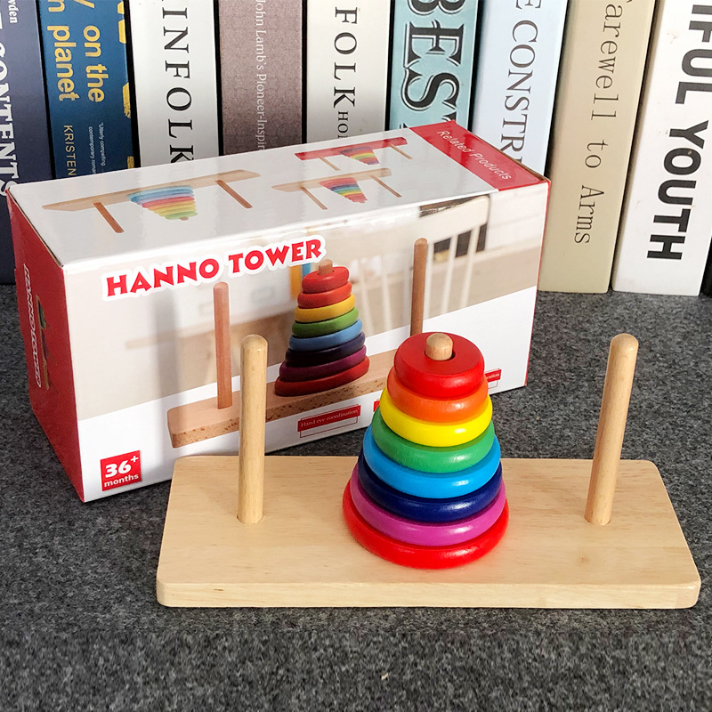 Picture of Wooden Tower of Hanoi 8 eight layers educational thinking training Development Intelligence toys Primary School students Tower of Hanoi problem teaching aids