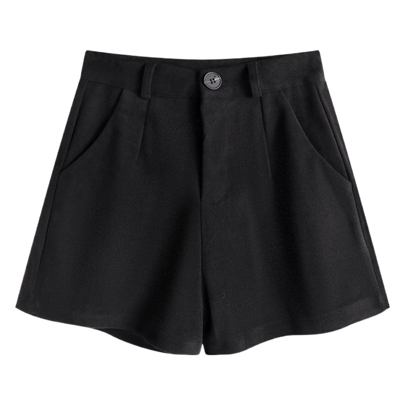 Black Woolen Shorts for Women in Autumn and Winter Korean Style Large Size A-Line Loose High-Waist Outer Wear Wide-Leg Elastic Waist Boots Pants