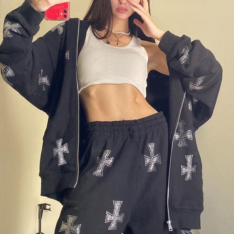 2024 European and American Amazon Women's Autumn New Loose Top Cross Rhinestone Zipper Hooded Sweatshirt