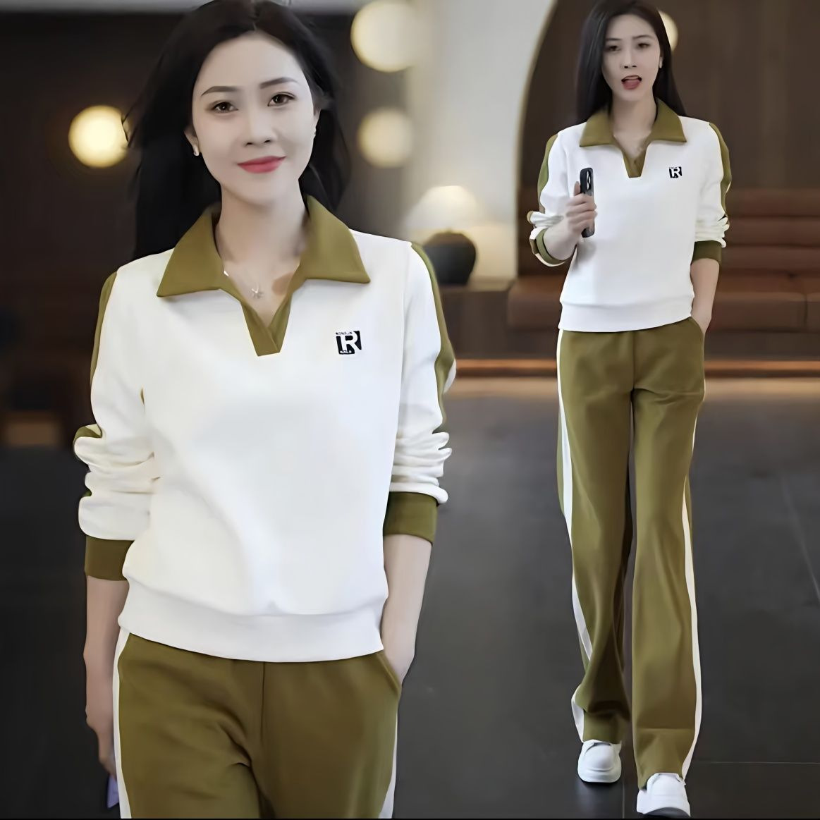 Leisure sports suit women's 2023 Spring and Autumn New slimming Western style simple lapel sweater + sweatpants two-piece set