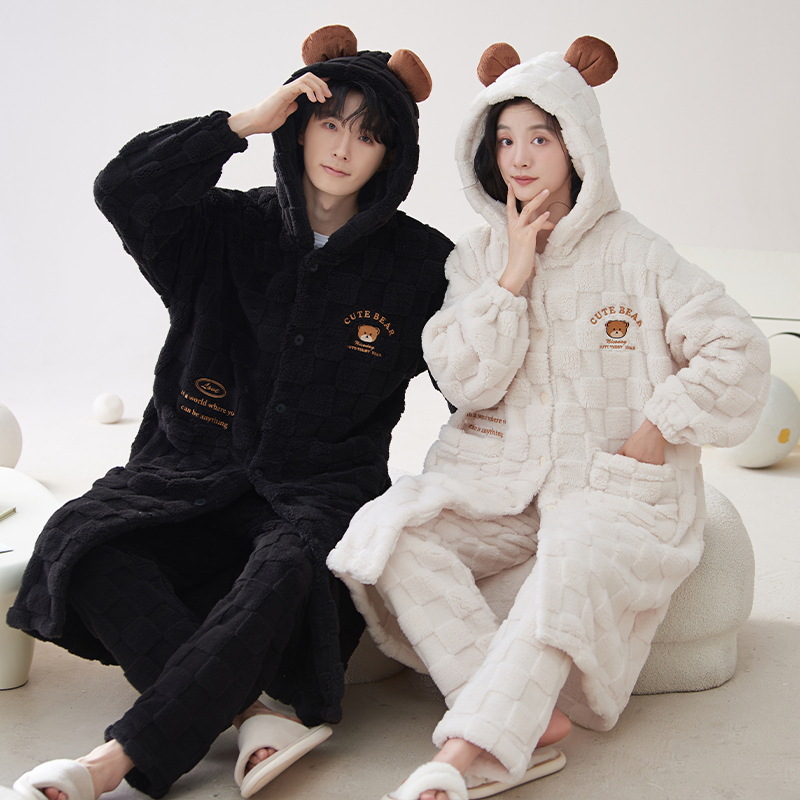 Winter coral fleece couple nightgown warm mid-length Korean cute thick flannel men's homewear suit