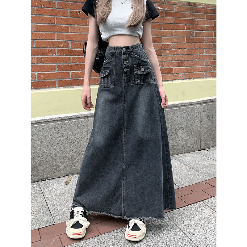 High Waist Denim Skirt Women's Spring and Autumn plus size chubby girl Slimming Retro Design Sense Niche A- Line Mid-Length Skirt