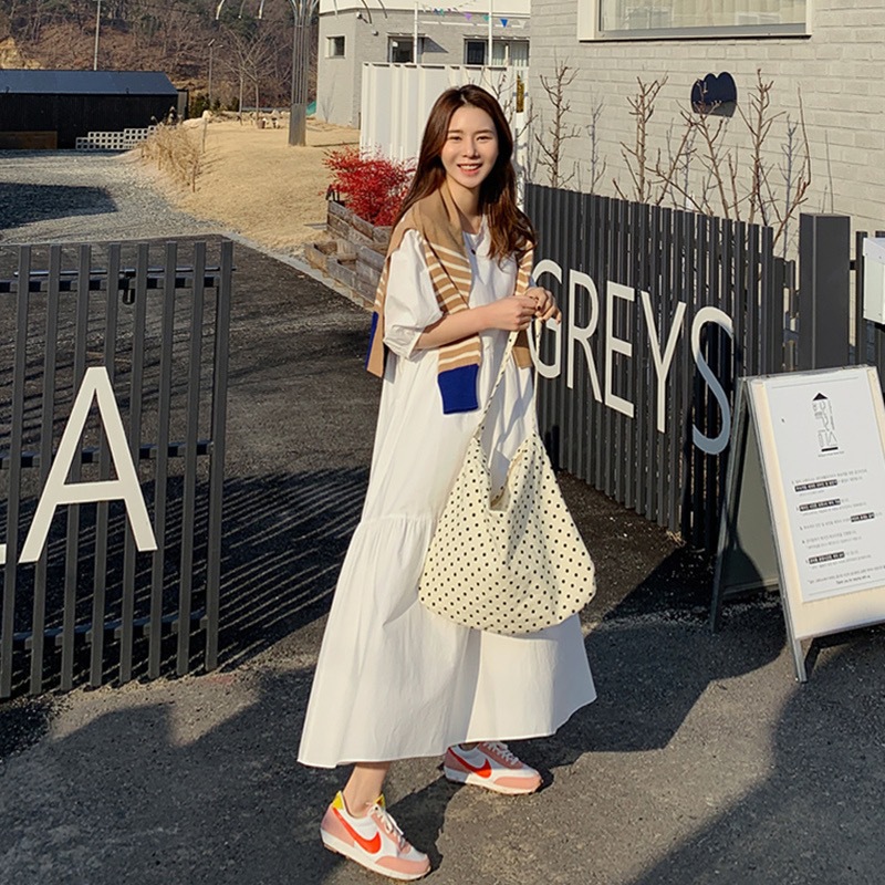 Picture of Korean Loose White Dress for Women Plus Size Elegant Lady Mid-Sleeve A-Line Fairy Skirt Long Skirt Cross-Border Wholesale