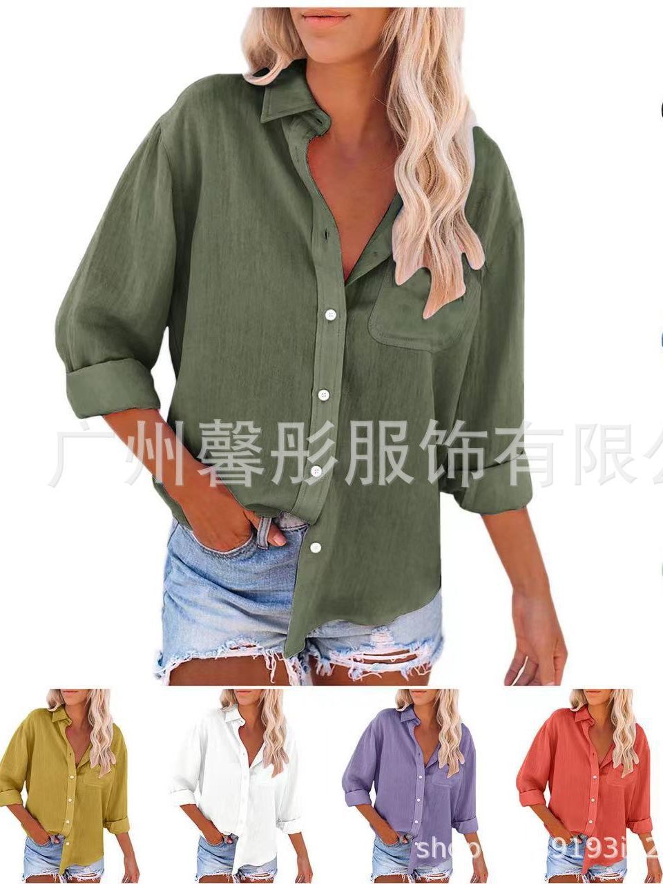 2023 Ladies Autumn Turn-down Collar Single-breasted Pocket Long Sleeve Solid Color Shirt—sound in Color