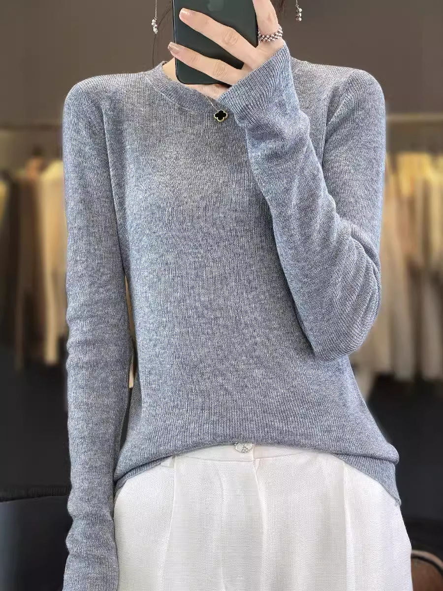 2024 Autumn and Winter New Sweater Round Neck Solid Color Simple Inner Slimming Long Sleeve Base Shirt All-match Western Style Top