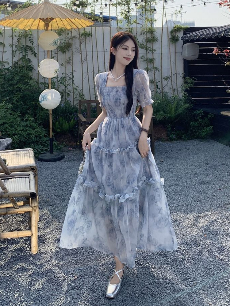 French Style Mori Style Bubble Sleeve Floral dress Women's Clothing Summer plus size chubby girl Gentle Style Slimming Chiffon Long Skirt