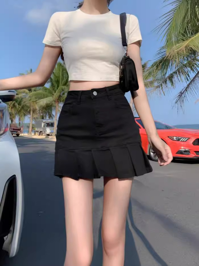 plus size chubby girl Black High Waist Fishtail Skirt Women's Summer 2024 New Korean Style Slimming Pleated Skirt