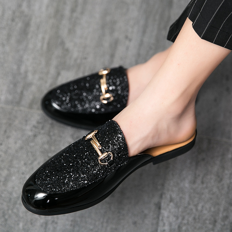 Sequined half-drag no-help small leather shoes 2022 Spring and Autumn new men's outdoor breathable lazy one-step casual shoes