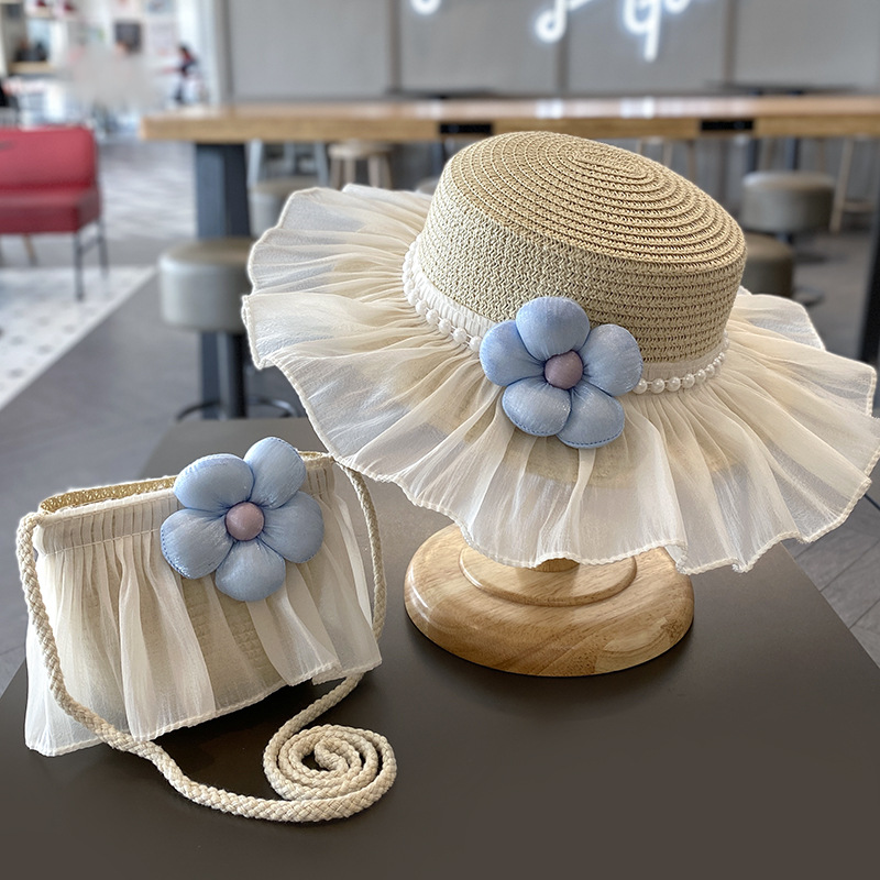 Summer Parent-Child Girl Straw Hat Summer Women's Treasure Big Eave Sunshade Travel Beach Sunscreen Princess Fisherman Little Girl Bag