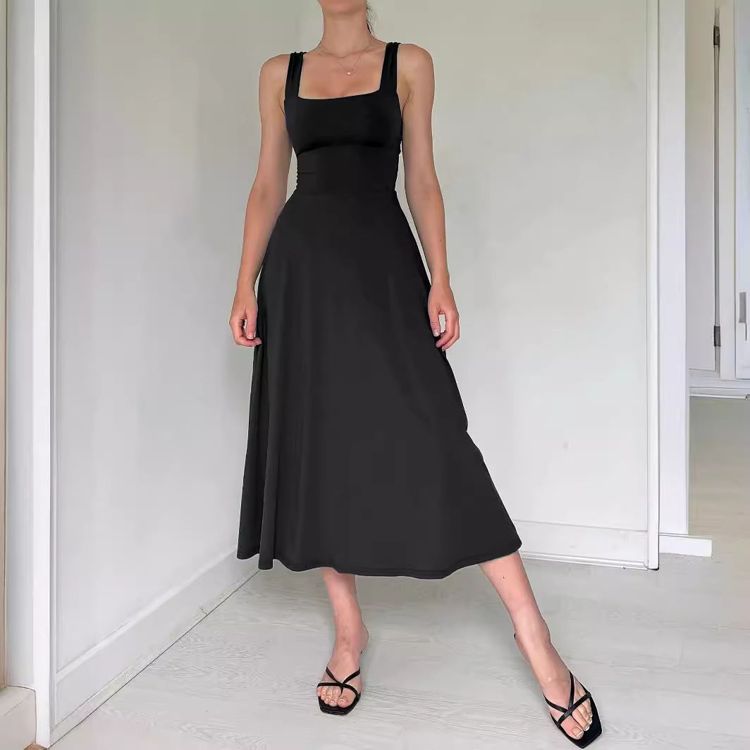 [French Romantic] Artistic Retro Square Collar Sling dress Cross-border Export Four Seasons Girls' Backless Midi Dress