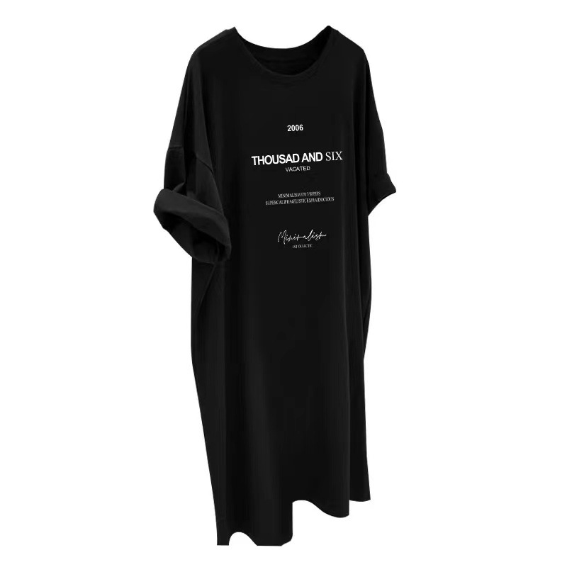 Picture of Korean Short-Sleeved Dress Women's Summer Fat mm Large Size Slim Mid-Length T-Shirt Dress over the Knee Casual Long Skirt