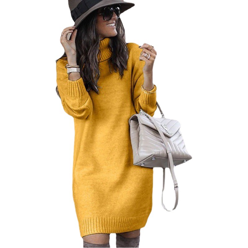 2025 European and American Sweater Amazon wish Women's Mid-length High Collar Top Knitted Sweater Coat Cross-border Women's Wear