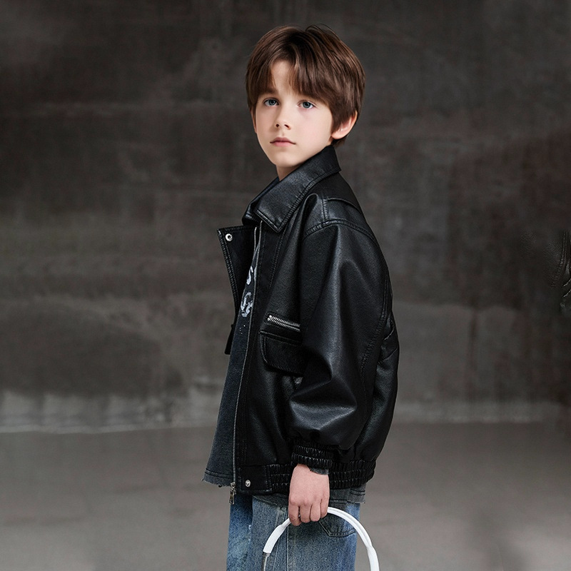 Children's Jacket Spring and Autumn Boys' 2025 New Top Full Size Trendy Brand Zipper Shirt Korean Style Jacket Men's PU Leather