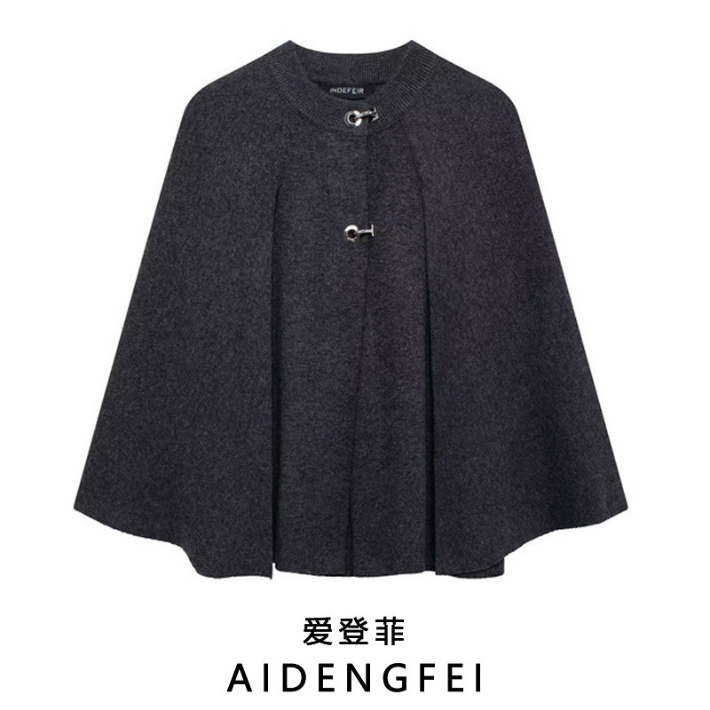 European and American Women's Autumn and Winter New Fashion Cloak Design Round Neck Knitted Top Pullover Sweater Coat 2756115