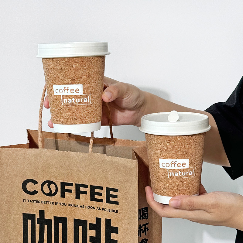 Cork Cup Disposable Coffee Cup Milk Tea Paper Cup Leave White with Lid Portable Hot Drink Take-away Packaging Commercial Opening
