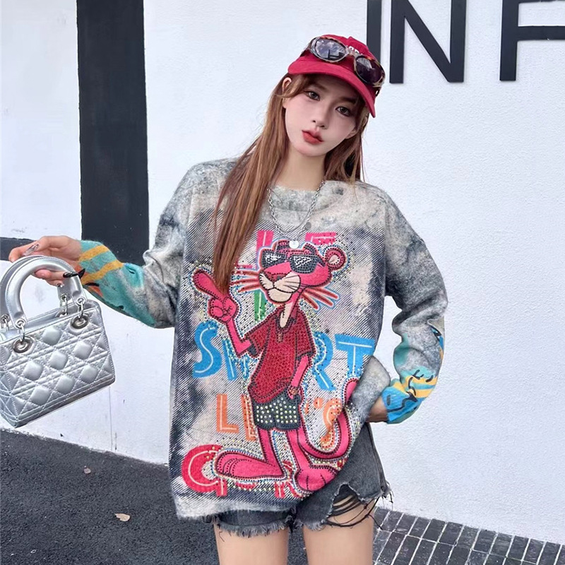 European and American Style Cartoon Tie-Dye Cartoon Sweater Women's 2024 Autumn High-end Sense Trendy Heavy Industry Hot Drilling Loose Knitted Top