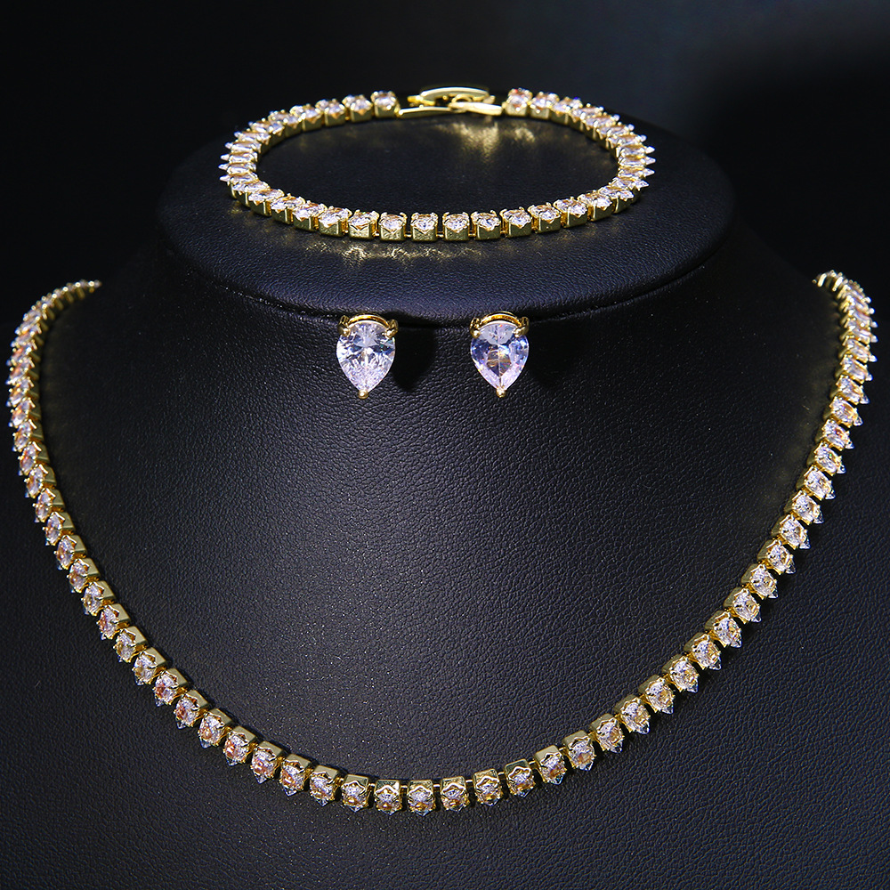 Korean Style Bridal Wedding Dress Simple Water Drop Zircon Light Luxury Chain Necklace Earrings Bracelet Three-piece Set Women's Jewelry Batch