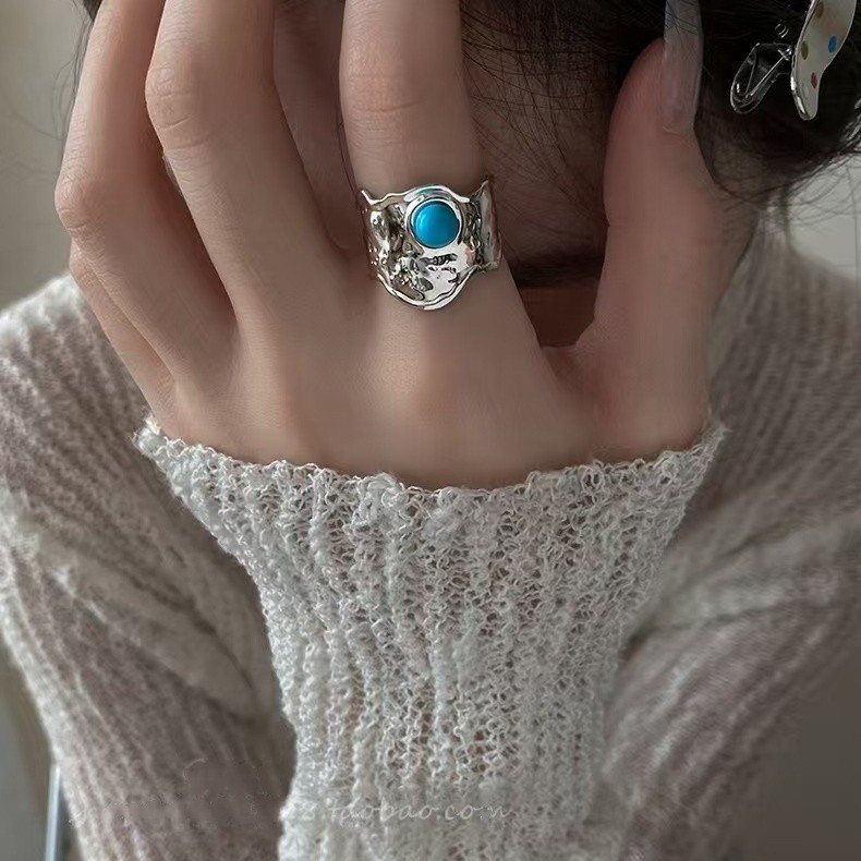 Minimalist Irregular Texture Turquoise Ring for Women Niche Design Open Ring Stylish Index Finger Ring
